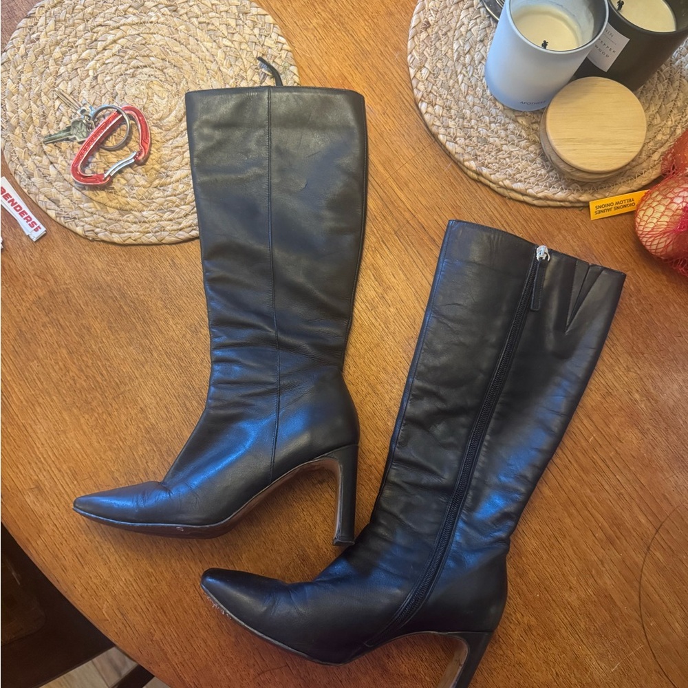 Black Soft Spanish Leather Knee-High Square Toe Boots